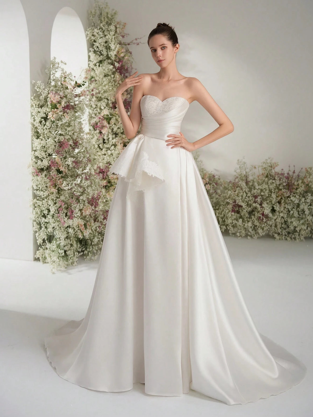 Lace Train Pocket Side Slit V-Neck Bridal Wedding Dress, A-Line Appliqued Bride Gown