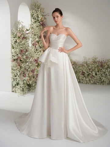 Lace Train Pocket Side Slit V-Neck Bridal Wedding Dress, A-Line Appliqued Bride Gown