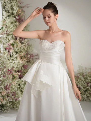 Lace Train Pocket Side Slit V-Neck Bridal Wedding Dress, A-Line Appliqued Bride Gown