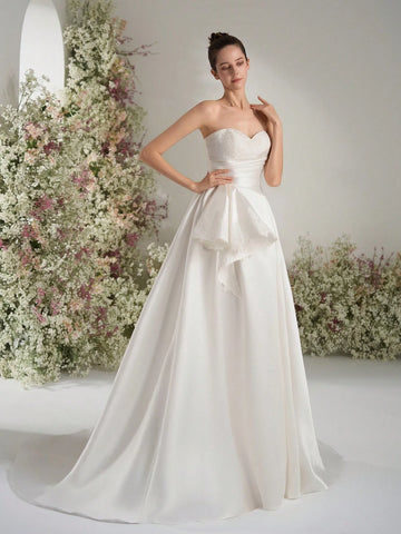 Lace Train Pocket Side Slit V-Neck Bridal Wedding Dress, A-Line Appliqued Bride Gown