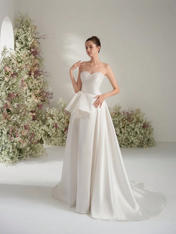 Lace Train Pocket Side Slit V-Neck Bridal Wedding Dress, A-Line Appliqued Bride Gown