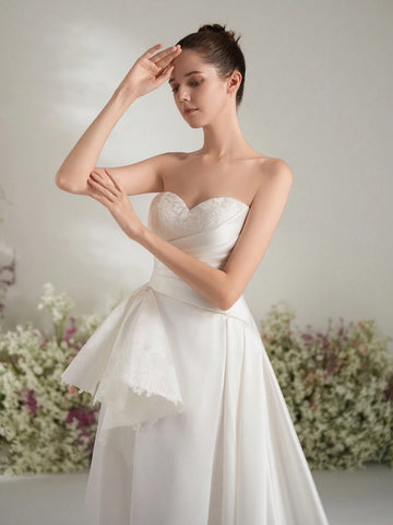 Lace Train Pocket Side Slit V-Neck Bridal Wedding Dress, A-Line Appliqued Bride Gown