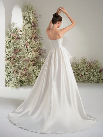 Lace Train Pocket Side Slit V-Neck Bridal Wedding Dress, A-Line Appliqued Bride Gown