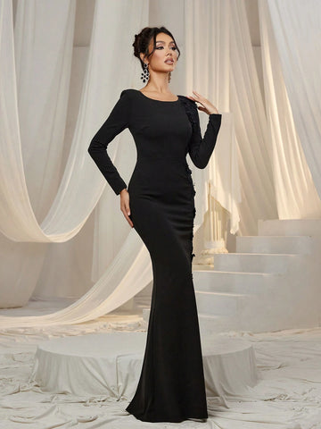 Lace Trim Detail Mermaid Hem Formal Dress