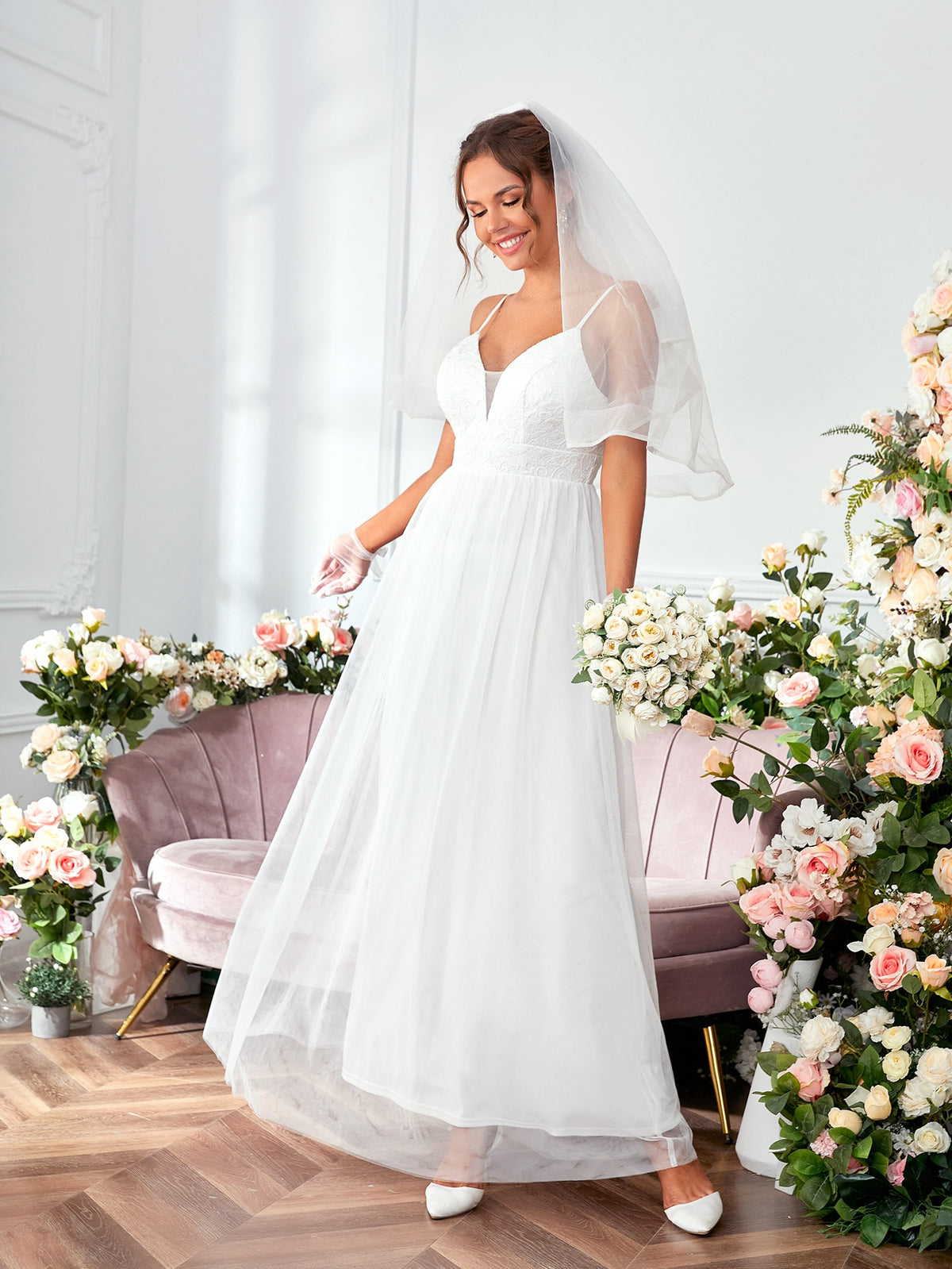 Lace Up Back Mesh Insert Cami Wedding Dress