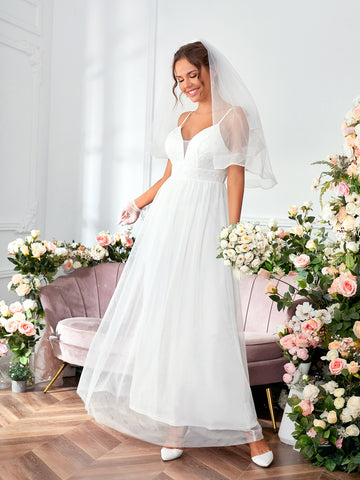 Lace Up Back Mesh Insert Cami Wedding Dress