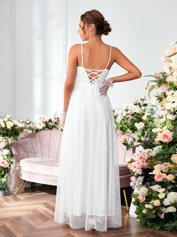 Lace Up Back Mesh Insert Cami Wedding Dress