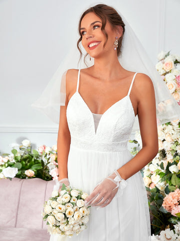 Lace Up Back Mesh Insert Cami Wedding Dress