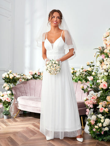 Lace Up Back Mesh Insert Cami Wedding Dress