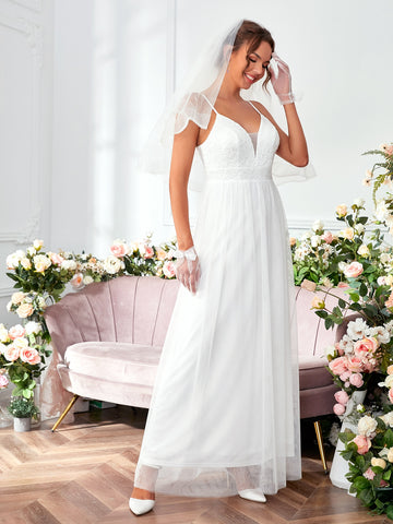 Lace Up Back Mesh Insert Cami Wedding Dress