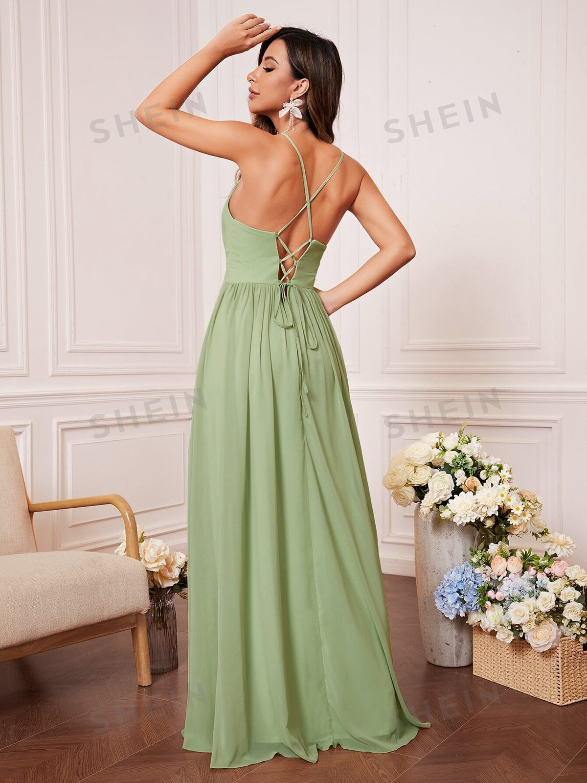 Lace Up Backless Split Thigh Chiffon Bridesmaid Dress