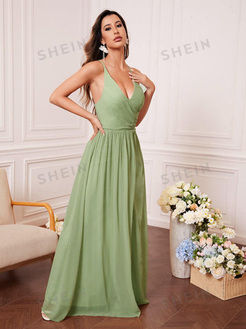 Lace Up Backless Split Thigh Chiffon Bridesmaid Dress