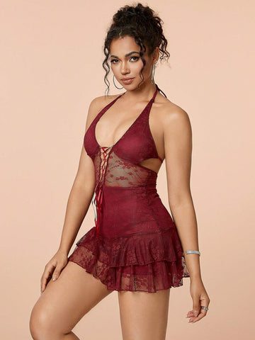 Lace Up Front Ruffle Hem Mesh Halter Women Jumpsuits