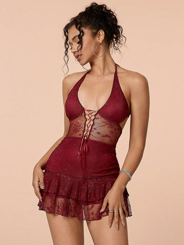 Lace Up Front Ruffle Hem Mesh Halter Women Jumpsuits