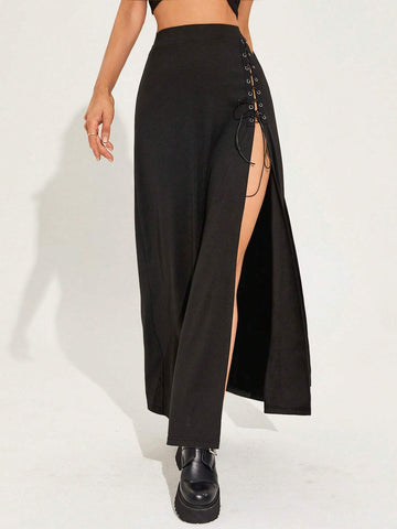 Lace Up Front Split Thigh Skirt