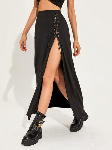 Lace Up Front Split Thigh Skirt