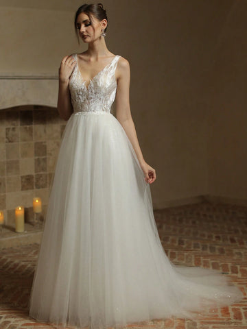 Laces Appliques Tulle Wedding Dresses For A -Line Wedding Gowns