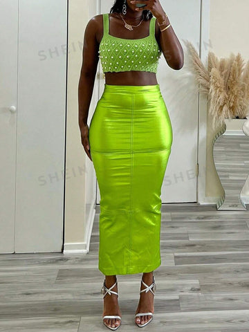 Ladies' Asymmetric Metallic Texture Bodycon Skirt