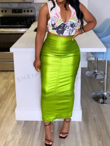 Ladies' Asymmetric Metallic Texture Bodycon Skirt