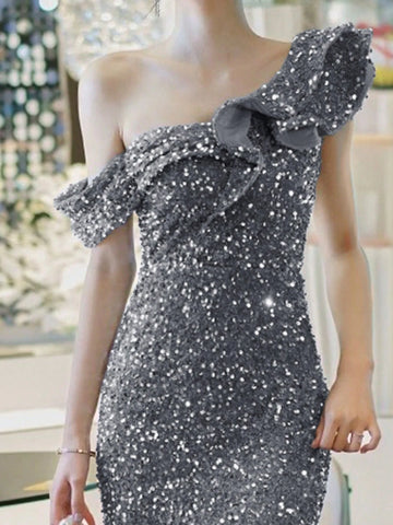 Ladies" Asymmetrical Collar Patchwork Ruffle Hem Sequined Bodycon Dress For Wedding, Gift Or Party