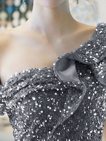 Ladies" Asymmetrical Collar Patchwork Ruffle Hem Sequined Bodycon Dress For Wedding, Gift Or Party