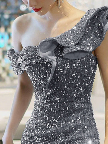Ladies" Asymmetrical Collar Patchwork Ruffle Hem Sequined Bodycon Dress For Wedding, Gift Or Party