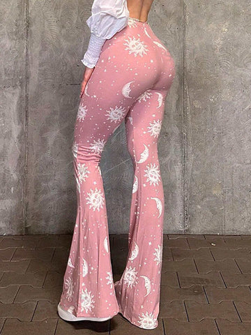 Ladies' Bell Bottom Pants With Sun And Moon Print
