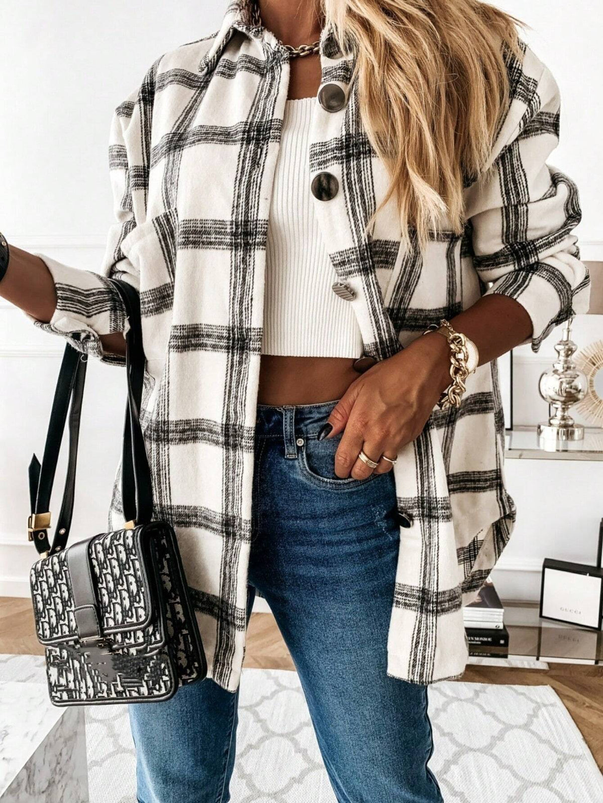 Ladies Checkered Print Button Front Casual Long Sleeve Blouse