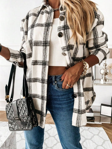 Ladies Checkered Print Button Front Casual Long Sleeve Blouse