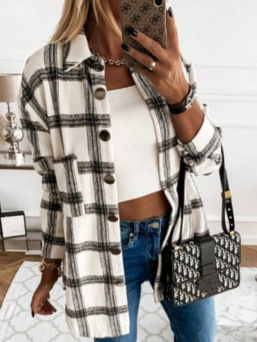 Ladies Checkered Print Button Front Casual Long Sleeve Blouse