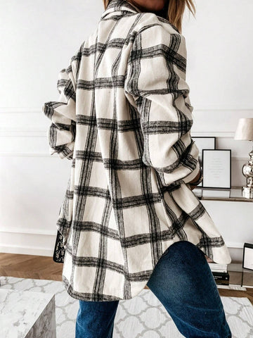 Ladies Checkered Print Button Front Casual Long Sleeve Blouse