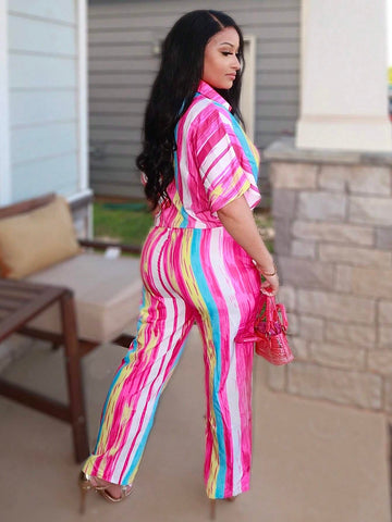 Ladies' Color-Block Striped Batwing Sleeve Shirt And Long Pants Vacation Casual Two-Piece Set