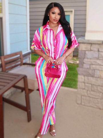 Ladies' Color-Block Striped Batwing Sleeve Shirt And Long Pants Vacation Casual Two-Piece Set