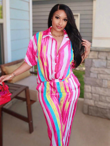 Ladies' Color-Block Striped Batwing Sleeve Shirt And Long Pants Vacation Casual Two-Piece Set