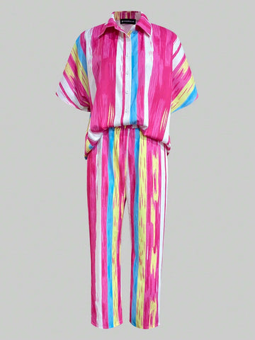 Ladies' Color-Block Striped Batwing Sleeve Shirt And Long Pants Vacation Casual Two-Piece Set