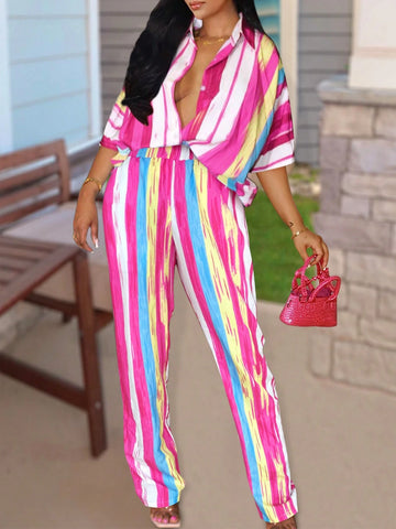 Ladies' Color-Block Striped Batwing Sleeve Shirt And Long Pants Vacation Casual Two-Piece Set