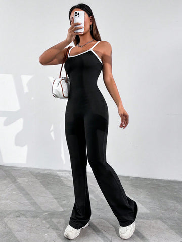 Ladies' Colorblock Spaghetti Strap Flared Jumpsuit