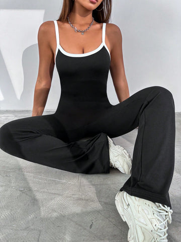 Ladies' Colorblock Spaghetti Strap Flared Jumpsuit