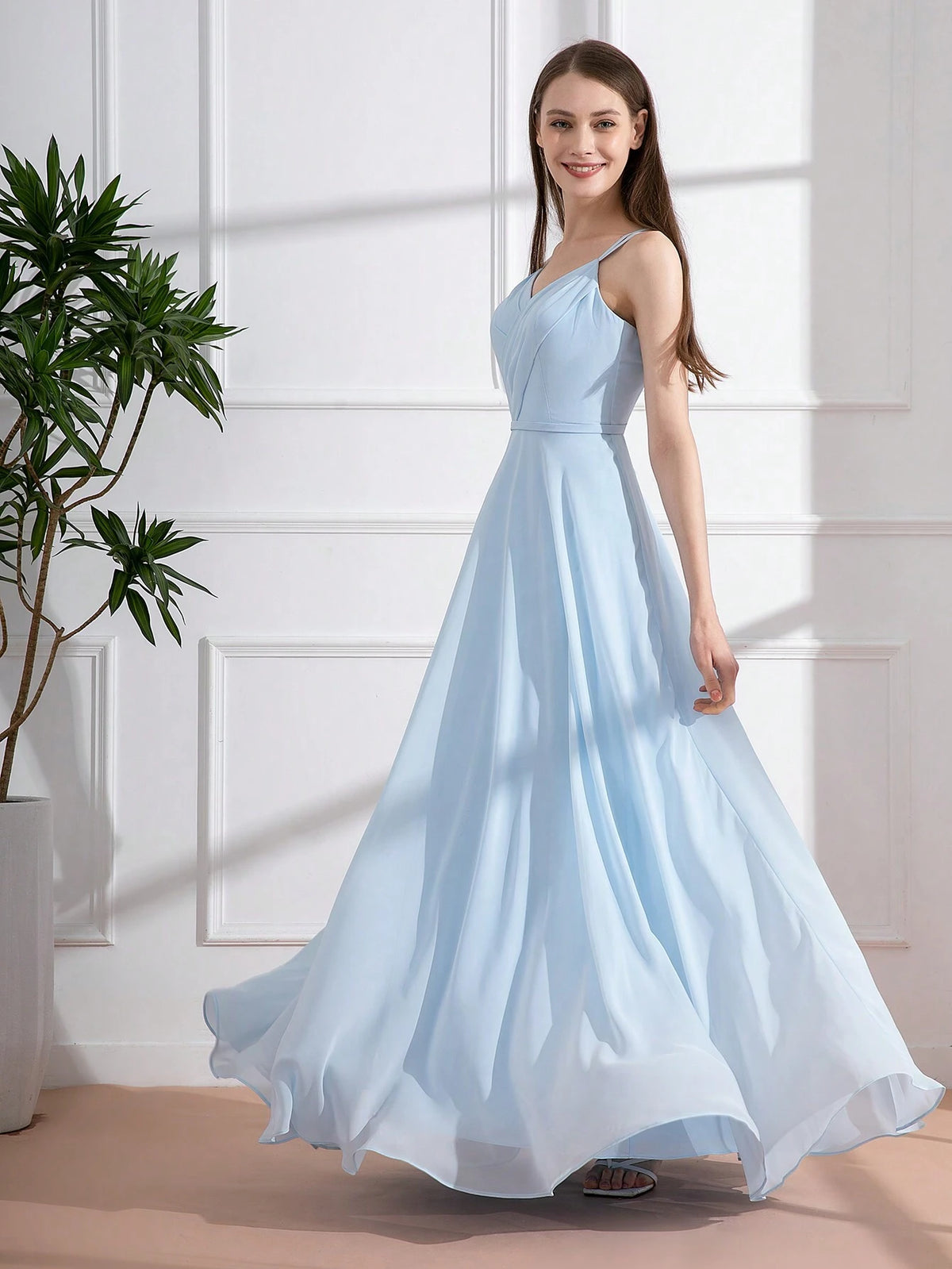 Ladies" Elegant Light Blue Spaghetti Strap Evening Dress