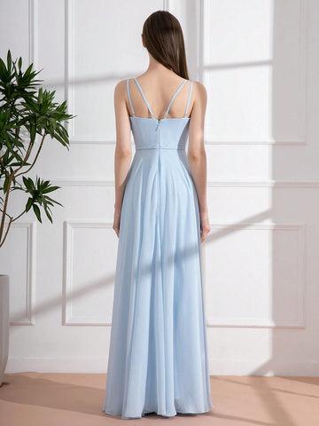 Ladies" Elegant Light Blue Spaghetti Strap Evening Dress