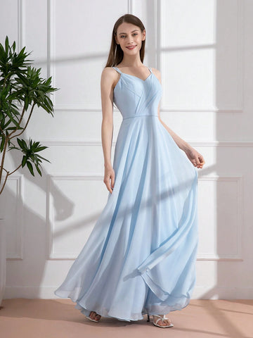 Ladies" Elegant Light Blue Spaghetti Strap Evening Dress