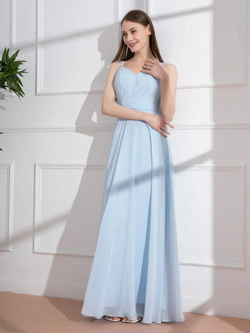 Ladies" Elegant Light Blue Spaghetti Strap Evening Dress