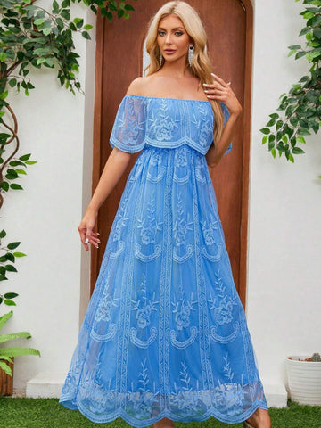 Ladies' Elegant Off-Shoulder Solid Color Lace Dress With Waistband For Prom, Evening Party