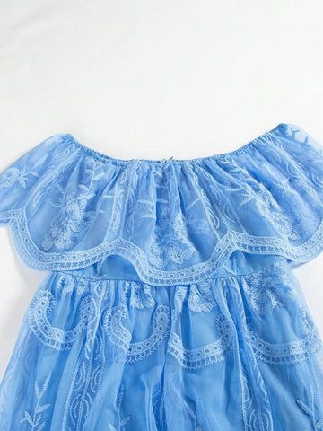 Ladies' Elegant Off-Shoulder Solid Color Lace Dress With Waistband For Prom, Evening Party