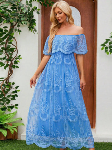 Ladies' Elegant Off-Shoulder Solid Color Lace Dress With Waistband For Prom, Evening Party