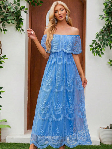 Ladies' Elegant Off-Shoulder Solid Color Lace Dress With Waistband For Prom, Evening Party