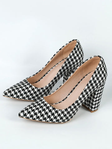 Ladies' Fashion Houndstooth Pointed Toe Chunky Heel Shallow Mouth Women's Shoes