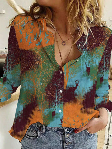 Ladies' Fashion New Single Button Long Sleeve Printed Shirt