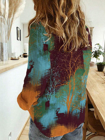 Ladies' Fashion New Single Button Long Sleeve Printed Shirt