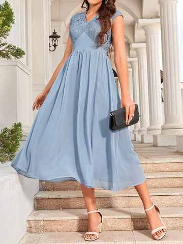 Ladies' Fashionable Lace Splice Bridesmaid Long Dress